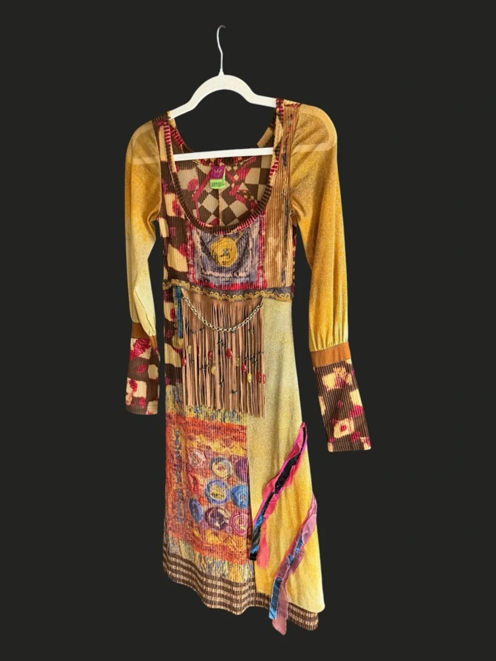 VTG Y2K SAVE THE QUEEN Mesh Midi Dress Fringe Beads RARE S - Picture 3 of 16